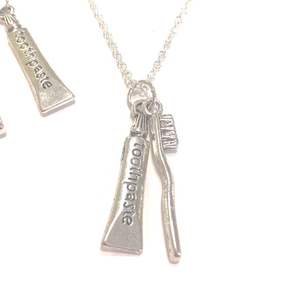 Dental Hygienist Dentist Necklace Earrings Set Silver Tone - Picture 5 of 5